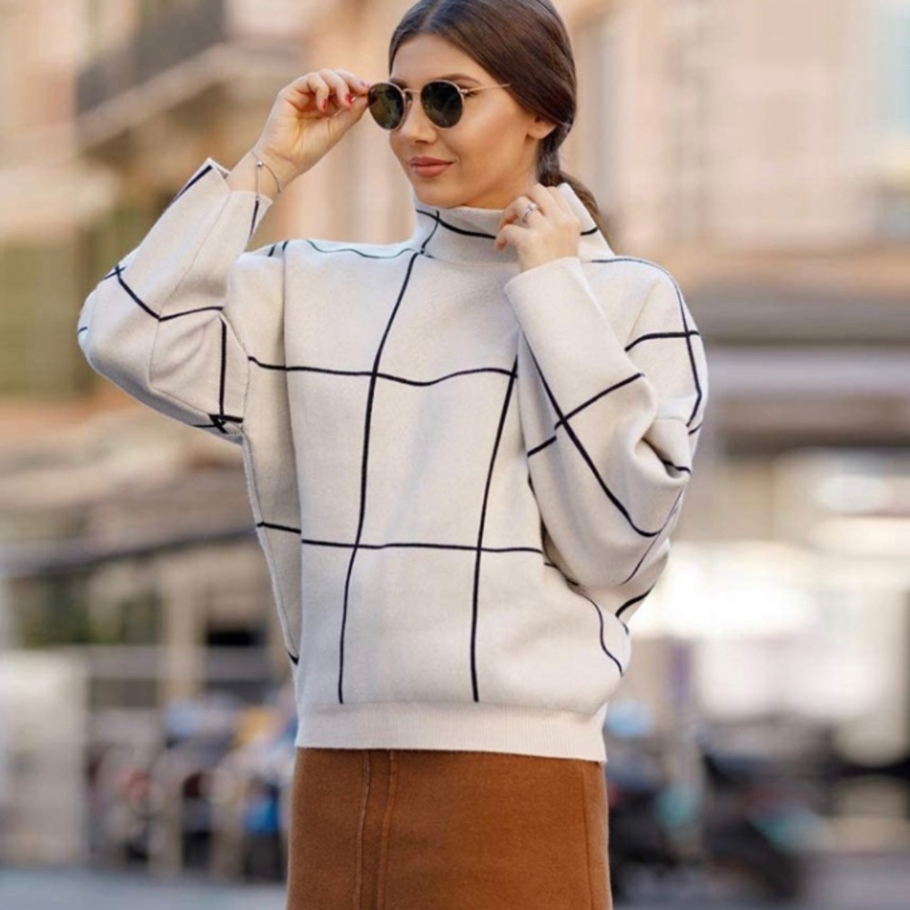 Chicwish Cream & Black Grid Turtleneck NWOT